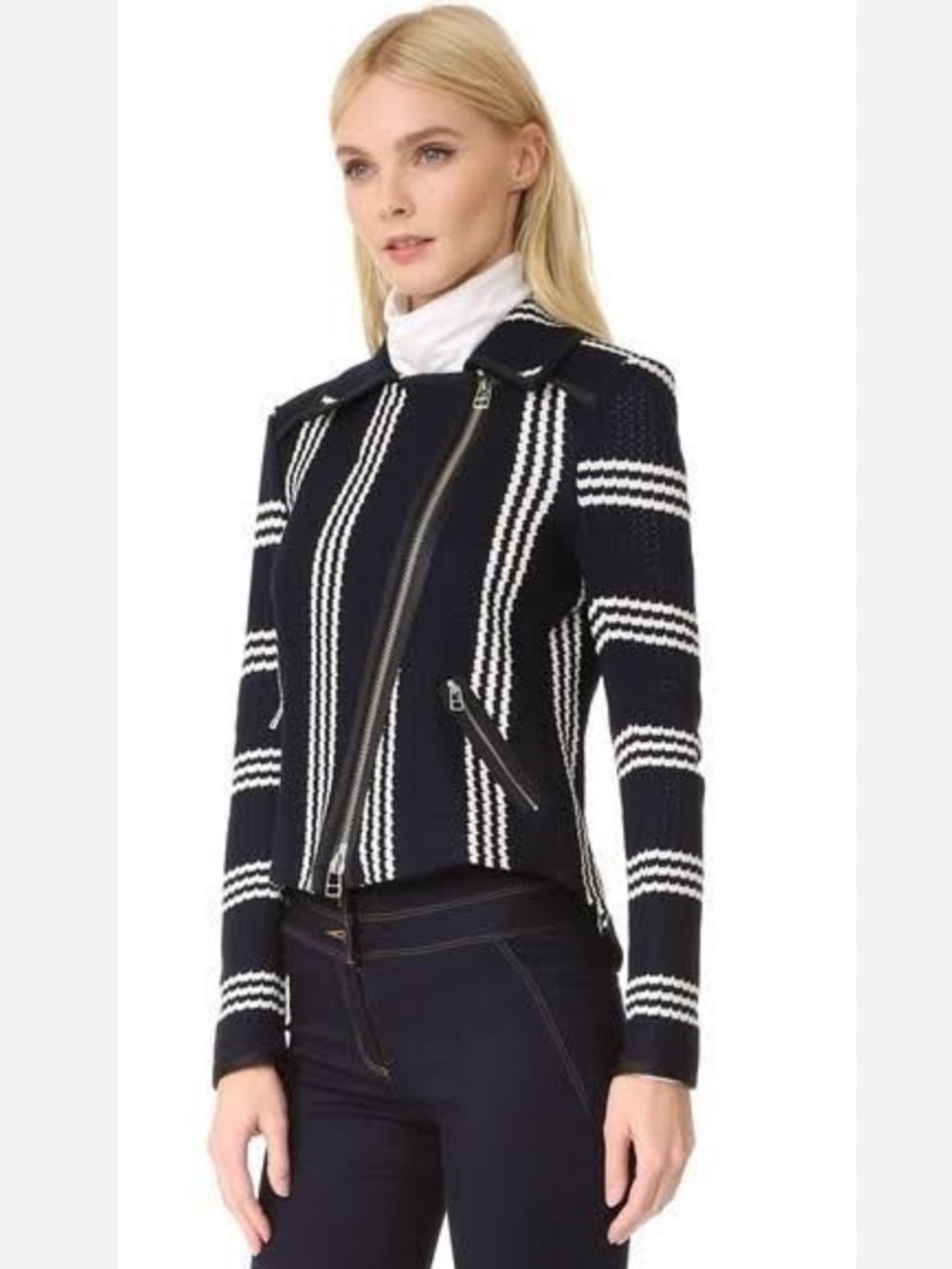 Veronica Beard Bailey Striped Cotton Moto Jacket in Navy/White - Large